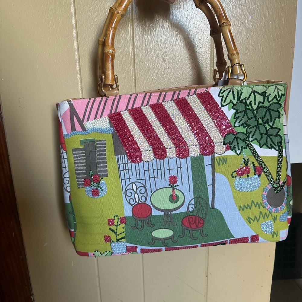 Braciano Pink and Green Boutique Tote with Bamboo Handles